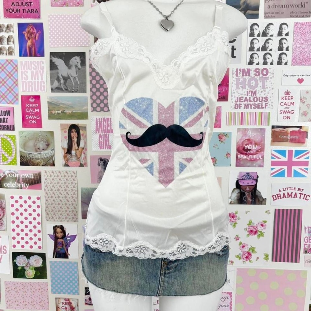 cream mustache‎ heart lace cami